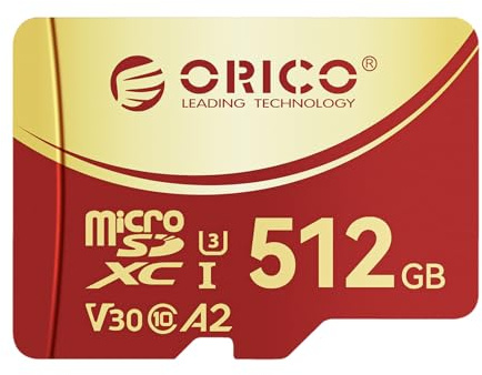 ORICO F3 512GB microSDXC UHS-I Speicherkarte, 180MB/s Lesen (benötigt DDR 220 Leser), 160MB/s, 4K UHD Aufnahme, U3, Class10, V30, A2, Micro SD für Action Kamera, Dash Cam, TF Karte