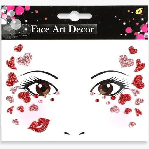 Gesichtstattoo Karneval,Gesichts-Tattoo Glitzer Herzen,Face Art Sticker | Glitzer Köln Tattoos Aufkleber Gesicht,Love Face Tattoo Aufkleber,Amor Kostüm Damen Fasching Valentinstag Schminke