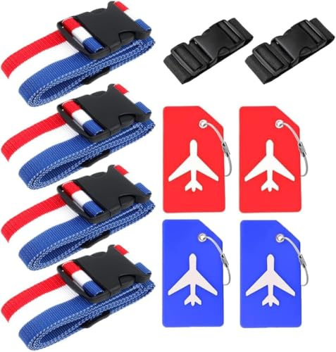 4 Stück Koffergurt & 4 Stück Kofferanhänger & 2 Stück Fügen Sie Eine Tasche Gepäckgurte Hinzu, Kofferband Gurt, Einstellbare Kofferbänder, Auffällig Luggage Strap für Koffer (Rot, Weiß, Blau)