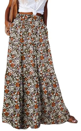 Rock Damen Sommer Lang Boho Blumen Maxirock, Hohe Elastische Taille mit Taschen und Gürtel Maxi Skirt Faltenrock Strandrock Freizeitrock