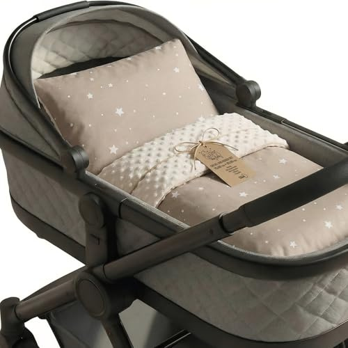 Babyfilt Mysfilt Vinter Set: Vinterfilt 75x60 cm + Kudde 35x30 cm minky –dubbelsidig fleece bomull varm mjuk gosig barn nyfödd– barnvagnsfilt vändbar present spädbarn Oeko-Tex Beige med vita stjärnor