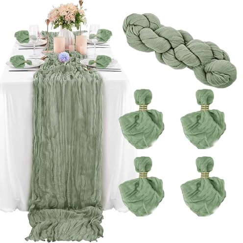 Seihtuch Tischläufer, Käsetuch Tischläufer Salbeigrün mit 4 Stück Servietten, Boho Gaze Musselin Tischdeck 90x300 cm, Cheesecloth Tischläufer Tisch Dekoration für Hochzeit, Geburtstag, Party (Grün)