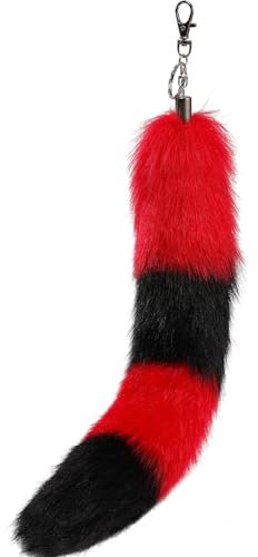 Heavelove Flauschiger Therian Wolfsschwanz Schlüsselanhänger | Realistisches Kunstpelz Cosplay Zubehör mit Haken - Tierversuchsfreier Fuchsschwanz Handtaschenanhänger für Frauen, rot / schwarz, One