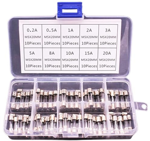 Kit surtido de 100 fusibles de vidrio de acción rápida de 5 x 20 mm, con tubo de vidrio de acción rápida, de 0,2 A, 0,5 A, 1 A, 2 A, 3 A, 5 A, 8 A, 10 A, 15 A y 20 A.