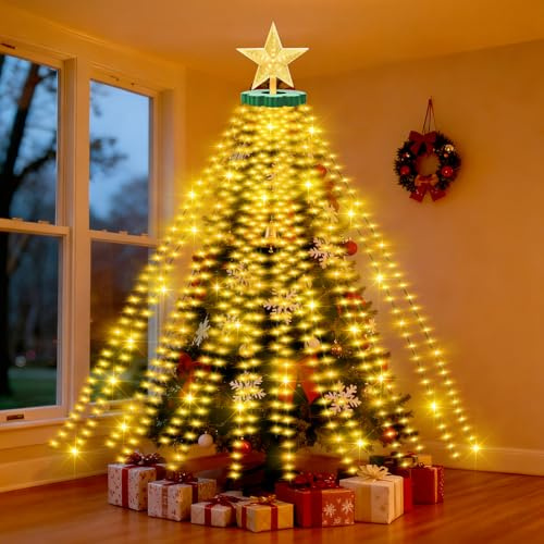 SaiXuan Luci Albero di Natale con Stella, 400 LED 2m 16 Fili, 8 modalità con Timer e Memoria, Luci di Natale da Esterno e Interno con Spina EU, Illuminazione Calda per Decorazioni Natalizie