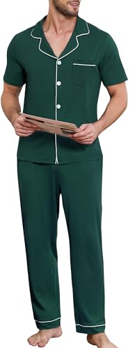 Lovasy Pigiama Uomo Cotone Set Lungo Pigiami Camicia con Bottoni sul Bavero Comodo Pantaloni Lunghi Traspiranti Pigiama da Casa Casual in Due Pezzi,A-Verde,L