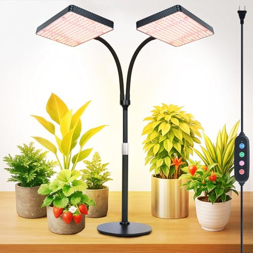 FECiDA 50 Watt 2-Kopf Vollspektrum Tischplatte Pflanzenlampe mit Zeitschaltuhr für Zimmerpflanzen, Grow Light mit High PPFD Wachstumslampen für Blumen, Gemüse mit Timer 4/8/12/16/20 Hr