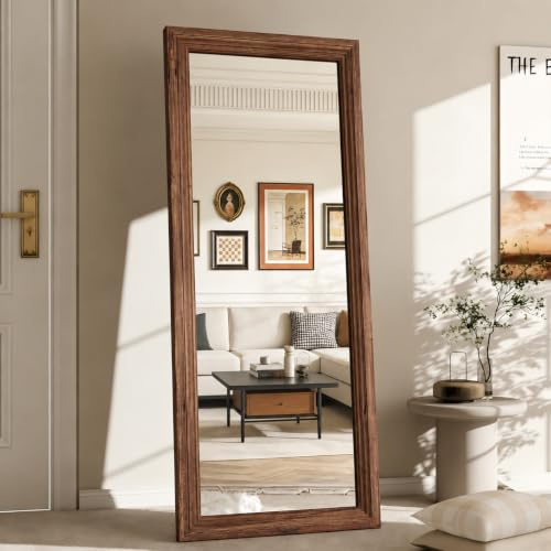 MAXEN Großer Ganzkörperspiegel 165x56 cm, Wandspiegel Und Standspiegel | Hängend Oder Lehnend an Die Wand, Rechteckiger Holzrahmen Braun Groß Bodenspiegel, Bruchsicher, Für Schlafzimmer & Wohnzimmer