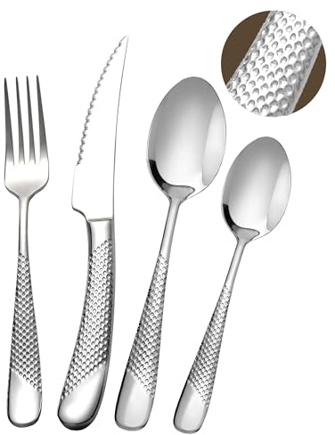 SHEUMNT Silber Modernes 24-teiliges Gehämmertes Besteckset | mit ultrascharfem 2-in-1 Wellenschliffmesser, 18/10 Edelstahl Utensilienset für 6 Personen, Messer Gabel Löffel Set