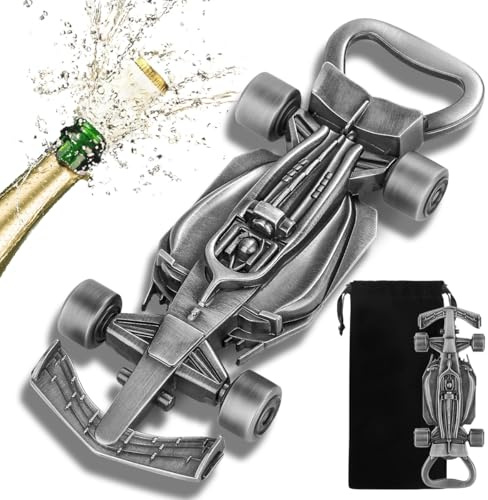 Décapsuleur Voiture de Course avec Roues Roulées, Vintage Bière Décapsuleur, avec Sac Cadeau, Cadeaux de Anniversaire, Fête des Pères, Cadeau pour Hommes, Femmes, Passionné de Courses, Argent Foncé