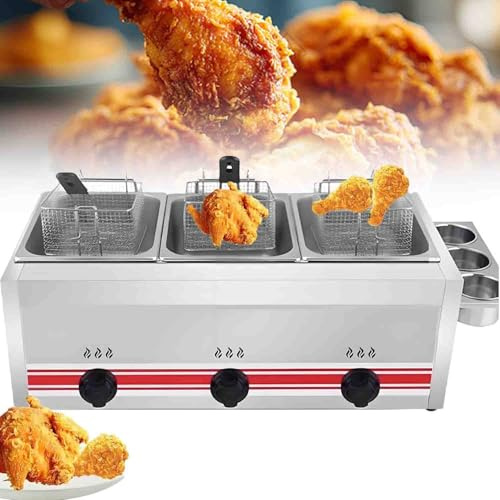 GLBMXDD Friteuse à gaz Professionnelle en Acier Inoxydable, de comptoir, avec Compartiments latéraux pour Les épices, paniers, couvercles et Puissance réglable, idéale pour la friture de Poulet 30L