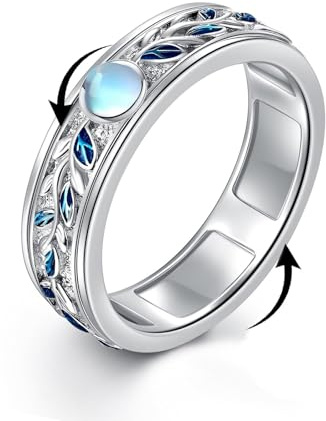 Vadmans Fidget Anxiety Rings for Women Leaf Ring Moonstone Spinner Rings Anti Stress Mood Jewelry Gifts Band Wide 7#