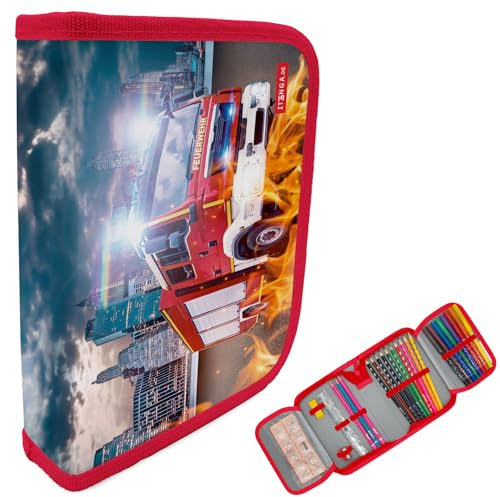 itenga Astuccio per bambini 28 pezzi riempito – Astuccio per studenti 1 zip con penne, righello e accessori – Astuccio scuola elementare, Motivo pompieri, Tasca aggiuntiva