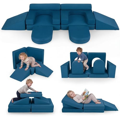 COSTWAY 10-teiliges modulares Spielsofa, Kindersofa ausklappbar mit abnehmbarem & waschbarem Bezug aus Wildleder, Schaumstoff Bausteine für Kinderzimmer, Kindercouch für Kinder ab 3 Jahren (Blau)