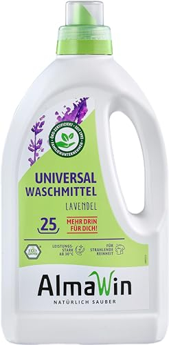 AlmaWin® Universal Waschmittel Flüssig [1,5L - 25 Ladungen] mit Lavendelduft - Flüssigwaschmittel für strahlende Reinheit ab 30°C - Laundry Detergent für Weißes & Buntes - Öko & VEGAN
