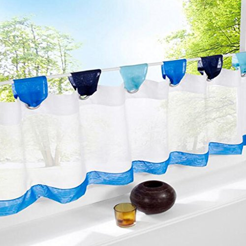 SIMPVALE Vorhänge aus Baumwolle Leinen Cafe Volants Küche kurz Netzvorhänge, Blau, Höhe 60cm/Breite 180cm