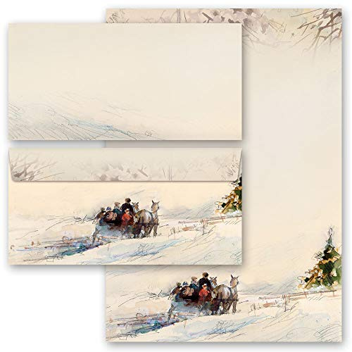Briefpapier Set, 20 tlg. Jahreszeiten - Winter, KUTSCHE IM WALD Variante B 10 Blatt Briefpapier + 10 passende Briefumschläge DIN LANG ohne Fenster | Paper-Media