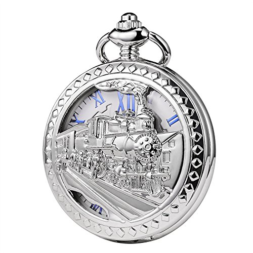 TREEWETO Taschenuhr mit Kette Herren Analog Handaufzug Dampflokomotive Römische Ziffern Silber