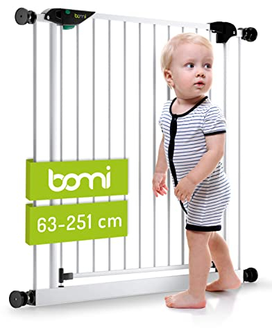 BOMI Schutzgitter Mira | Ohne Bohren | 90° Stop | Schließt automatisch | Türschutzgitter schmal weiß Metall Selbstschließend | Treppenschutzgitter Türgitter Klemmgitter | Breite: 63-71 cm