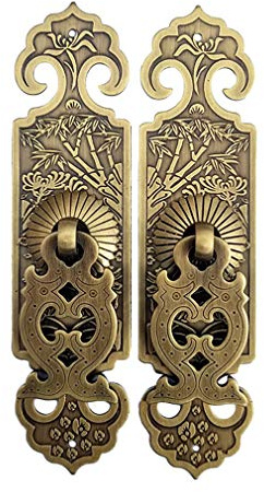 Tiazza 2Pcs Vintage Style Embossing Pattern Pulls Handle Bookcase Wardrobe Drawer Window Pure Copper Double Door Handle