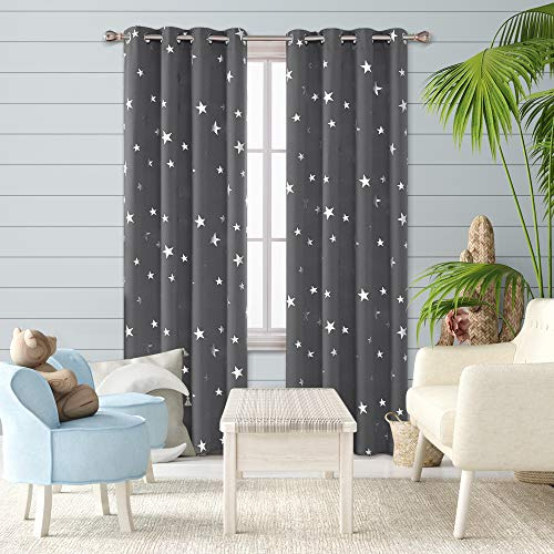 Deconovo Gardinen Verdunkelung für Schlafzimmer, Thermo Vorhänge mit Ösen, Vorhang mit Muster Sterne, 183x168 cm(HöhexBreite), Dunkelgrau, 2er Set