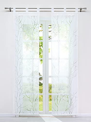 HeichkelL 2er Schiebegardinen Ausbrenner Modern Flächenvorhänge mit Schlaufen Transparente Fensterstores Äste Muster Dekoschals inkl. Beschwerungsstäben Weiß BxH 57x175 cm
