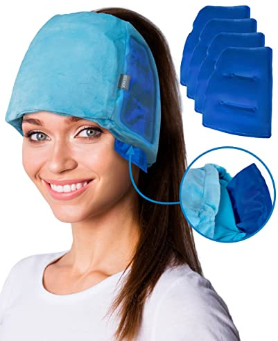 ICEHOF Bonnet rafraîchissant avec 4 blocs réfrigérants et masque de sommeil 3D - Coussinets de refroidissement amovibles - Casquette rafraîchissant lors de la chimiothérapie Ice Cap Migraine