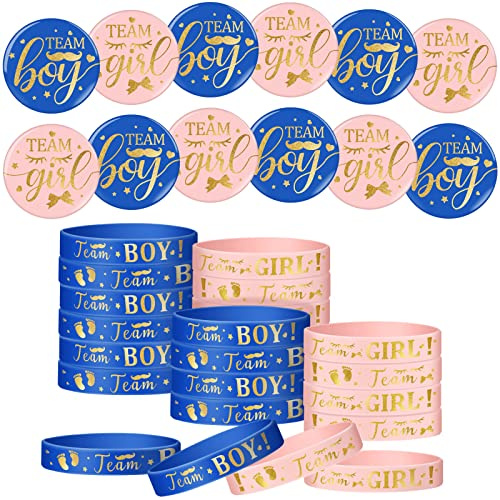 Syhood 48 Stück Gender Reveal Spiel Set mit 24 Geschlecht Offenbaren Anstecknadeln 24 Geschlecht Verkünden Silikon Armbänder Rosegold Team Girl Boy für Baby Party (Marineblau, Rosa, Fußabdruck)