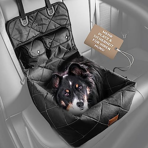 fell&bell Hunde Autositz Mittelgroß Schwarz | 2-in-1 Hundebett, Doppelt Gesichert, Bequem & Stylisch, Einfacher Aufbau, Ideal Für Reisen