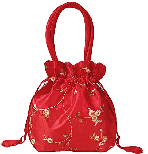 SINSEN Bolsa pequeña con cordón para regalo, bolsa de regalo bordada de satén, bolsa de mano Potli, monederos de joyería étnica brocado, monederos para Año Nuevo, cumpleaños, Red, 7.4*7.4*2 inches