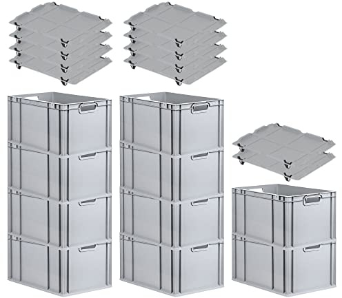 PROREGAL SparSet 10x Eurobox NextGen Grip mit Auflagedeckel & 4 schwarzen Schiebeschnappverschlüssen, HxBxT 32x40x60cm, 65 L, Grau, Griffe offen, Eurobehälter, Transportbox