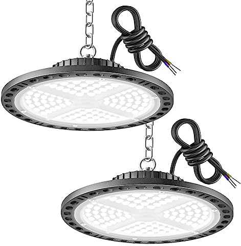 YIQIBRO LED Hallenstrahler Garagenbeleuchtung 100W 2 Stücke - 10000LM LED UFO Hallenbeleuchtung mit 11.8in Metallkette, Treiber, 6500K IP65 Werkstatt Deckenleuchte für Lagerhalle Fabriken