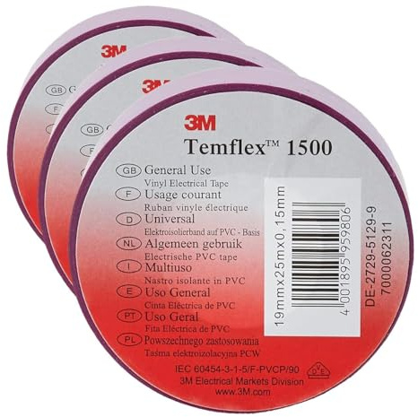 3M TVIO1925 Temflex 1500 Ruban isolant électrique en vinyle, 19 mm x 25 m, 0,15 mm, violet (Lot de 3)