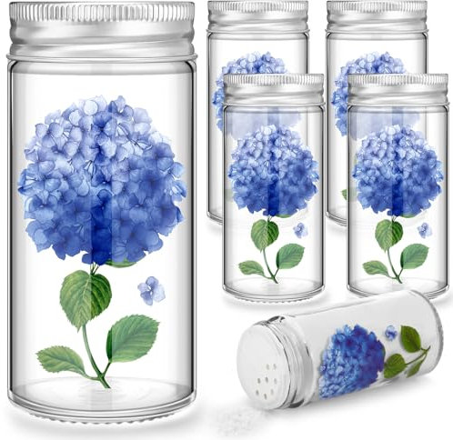 Uiifan 6 Stück handbemalte Salz- und Pfefferstreuer-Set, blaue Hortensien, Bauernhaus, niedliche Glas-Salz- und Pfefferstreuer, klare Hortensien, Geschenke für Frauen, Küchendekoration,