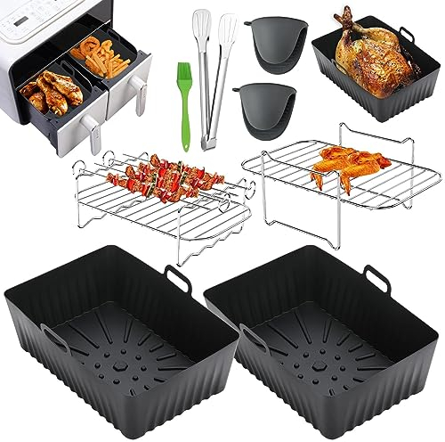 Silicone Air Fryer Liners, Baketron 8 PCS Air Fryer Accessories for Ninja Dual AF400UK & Tower T17088 & AF300UK, 8.46inch Reusable Air Fryer Baskets & Air Fryer Rack & Gloves & Tong & Brush,black