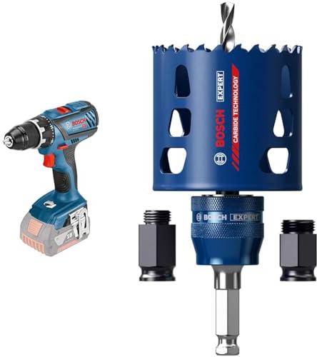 Bosch Professional 18V System Akku Bohrschrauber GSR 18V-28 (max. Schrauben-Ø: 8 mm, ohne Akkus & Ladegerät) + Expert Tough Material Lochsäge Starter Set (für Holz mit Metall, Ø 68 mm, Zubehör)