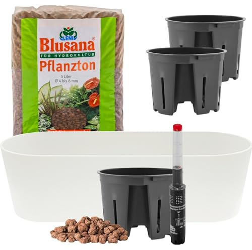 Leni Flori Jardiniere Blumentopf Weiß länglich 36 cm Hydrokultur-Komplett-Set mit Übertopf Hydro-Töpfen Wasserstandsanzeiger & Pflanzton