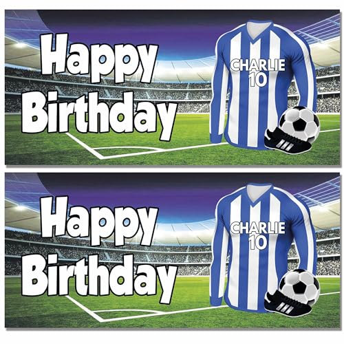 AK Giftshop Personalised Football Birthday Banner Party Decoration Blue & White Shirt Team Colours - (pack of 2)