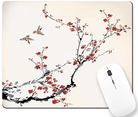 Small Mouse Pad 7.9 x 9.5 Inch, Cherry Blossom Flowers Buds and Birds Mousepad with Washable Lycra Cloth, Non-Slip Rubber Base Mousepads, Computer Mouse Pads for Wireless Mouse