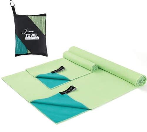 JASUEN Juego de toallas de microfibra para deporte, toalla de viaje, toalla de playa, 2 unidades (doble cara (verde oscuro + verde claro), 180 x 80 cm + 80 x 40 cm