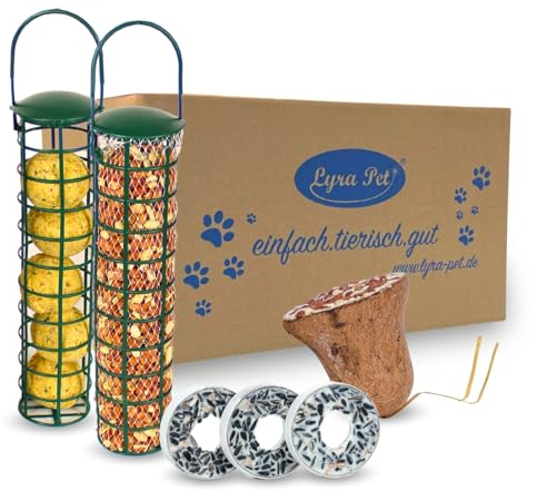 Lyra Pet® | Vogelfutter Starterpaket klein | Meisenknödel & Erdnusskerne mit Haut im Spender | Futterglocke & Meisenringe | Nährstoffreiches Vogelfutter für Sommer & Winter | Energie für Wildvögel
