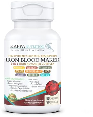 KAPPA NUTRITION Iron 26mg, Vitamin C & Orange 150mg, Folate 667mcg DFE, Vitamin B12, Beetroot, Brewers Yeast, Broccoli & MCT Oil 9 in 1 Advanced Complex (90 Capsules)