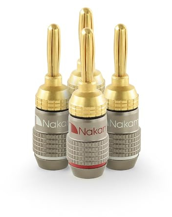Nakamichi FanLock Excel-Serie 24 Karat vergoldeter Bananenstecker, 10 AWG – 18 AWG, 4 mm Dicke für Lautsprecherverstärker, Hi-Fi Stereo Heimkino Audiokabel Schnellanschluss, 4 Stück (2-Paare)