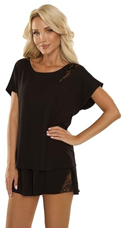 Selente Sweet Dreams Pigiama Corto da Donna Casual con Pizzo, in Morbida Viscosa, Nero-Shorty con Pizzo, Taglia 40