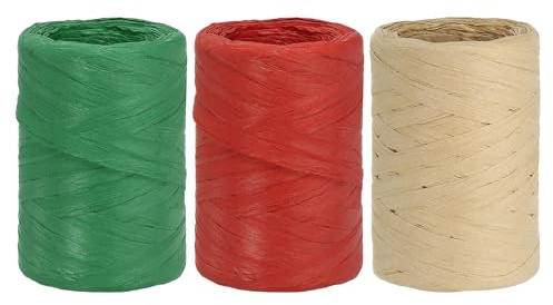 PATIKIL Cinta de Rafia 100 Metros, 3 Rollos de Cordel de Papel Natural para Envolver Cajas de Ganchillo Artesanal Decoración de Vacaciones Multicolor