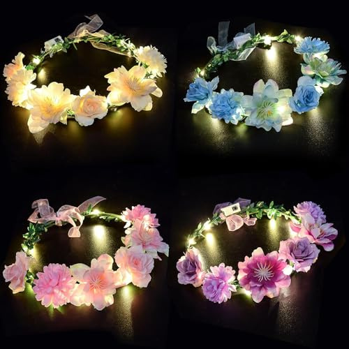 Mineup Blumenkranz Haare Led, 4 PCS LED Haarband mit Blume, Leuchtender Haarkranz, 10 Lampenperlen Blumen-Kopfschmuck, Beleuchteter Blumenkranz für Frauen Freundin Valentinstag Karnevalsparty Hochzeit