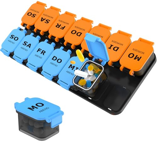 Large 7 Day Pill Organizer, XL AM PM Twice a Day Medicine Storage Box, Big 2 Week Pill Holder for Pills, Vitamins & Supplements, Travel Pill Case for Medication (Blue+Orange)
