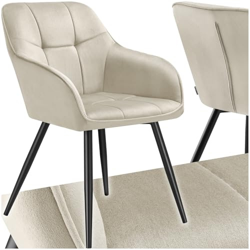 tectake® Sedie da Pranzo Effetto Velluto Trapuntato, Elegante, Imbottitura Schiuma Alta Densità, Gambe in Acciaio, Montaggio Semplice - Crema/Nero, 1 Sedia