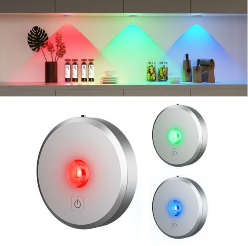 MEKKLEON RGB LED Vitrinenbeleuchtung Kabellos mit Fernbedienung, Silber, 3 Stück 2000mAh Aufladbar LED Spots Akku, Unterschrankleuchte, Schrankleuchte, küchenunterschrank