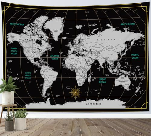 LB Wandteppich Weltkarte Wandtuch für Kinder Klassenzimmer Vintage Schwarz und Grau Karte Wandbehang Countryris und Ozean Tapisserie für Wohnzimmer Schlafzimmer Wohnheim Wanddeko,150x100cm